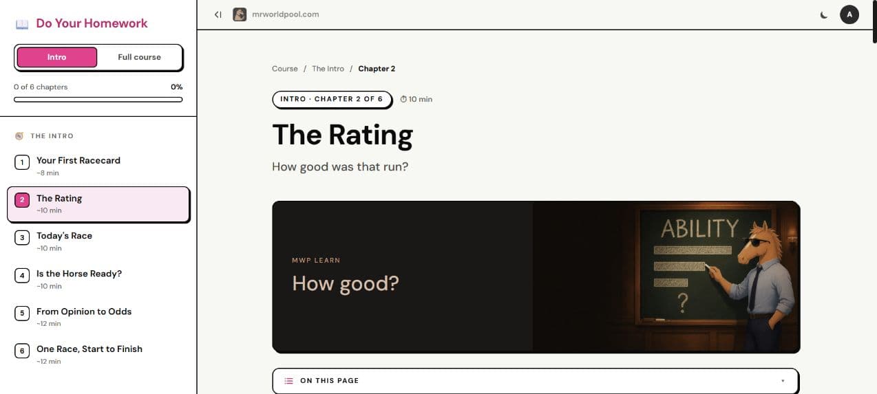 Do Your Homework in light mode, with the chapter sidebar, progress and The Rating lesson