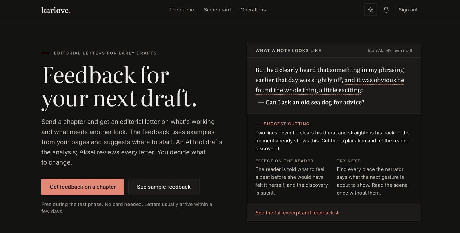 Karlove in dark mode: “Feedback for your next draft”, with an example note from a draft