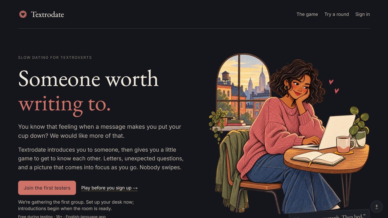 The Textrodate front page in dark mode: “Someone worth writing to”