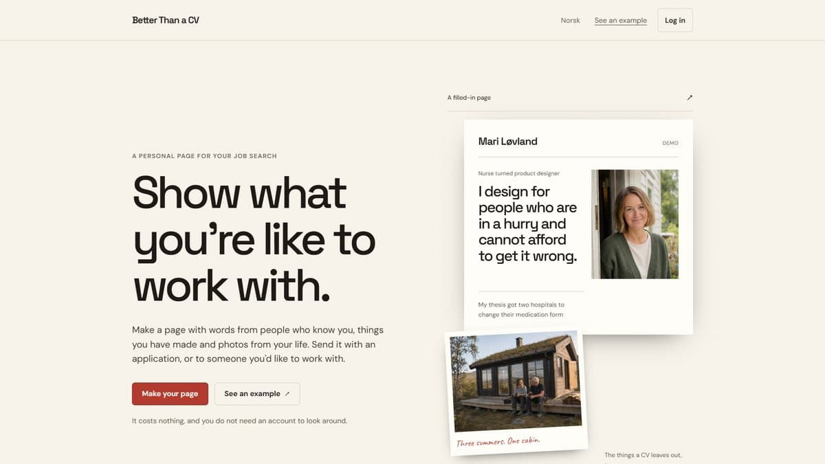 The Better Than a CV front page: "Show what you're like to work with"
