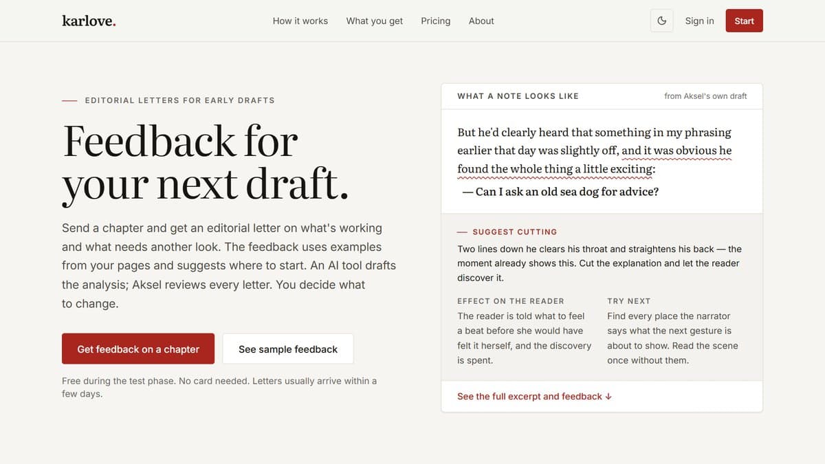 The Karlove front page: "Feedback for your next draft", with an example note from a draft