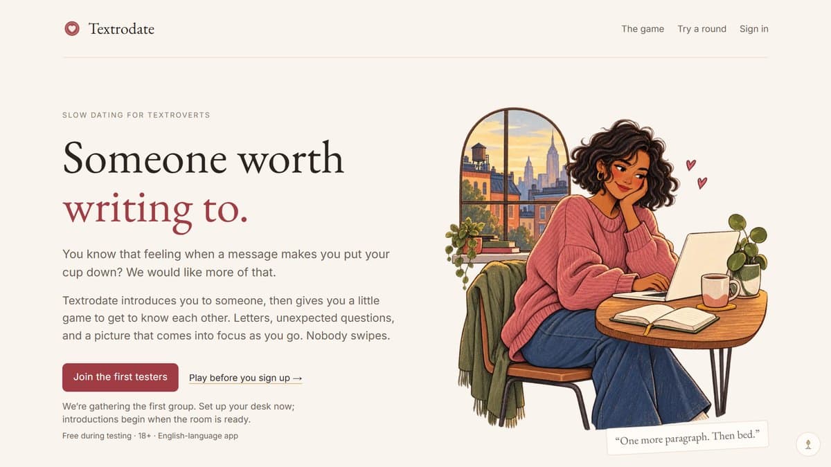 The Textrodate front page: "Someone worth writing to"